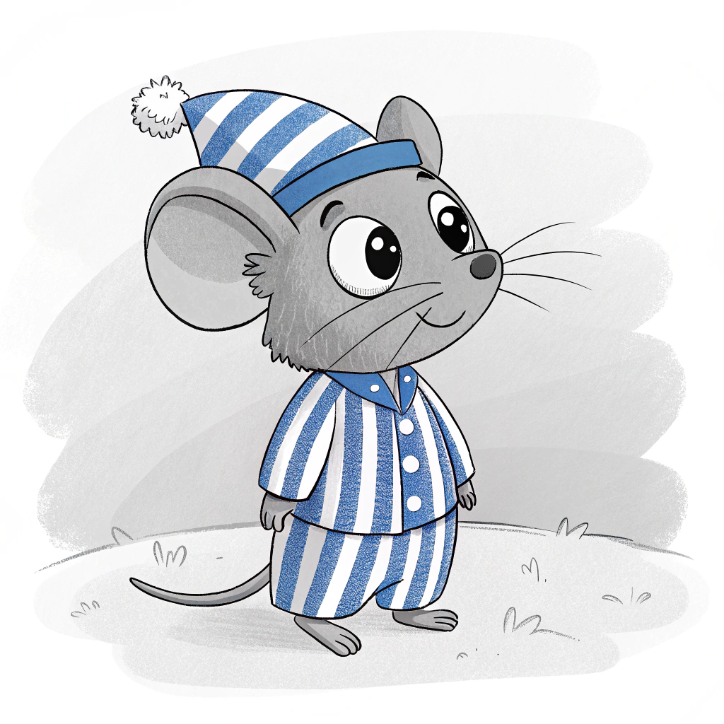 AI generated image by Red Panda AI: hazme un ratón animado en blanco y negro que lleve puesto una pijama y un gorro de pijama de rayas azules con blanco