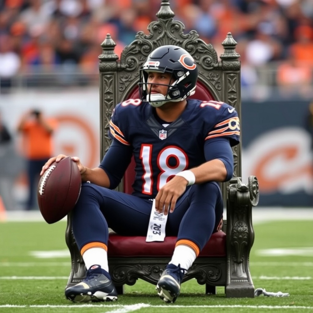 AI generated image by FLUX.1-schnell: Bears QB Caleb Williams 18 sitting on the NFC north throne
