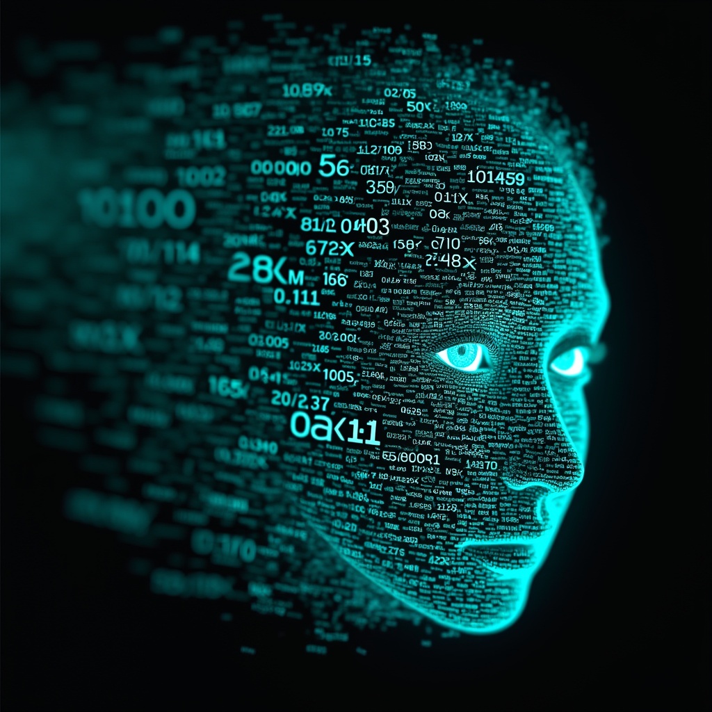 AI generated image by FLUX.1-pro: Emmy Noether's face as a digital mask made from thousands of bright turquoise numbers and formulas forming her face. The formulas and numbers fly behind the mask leaving a trail of complexity. The mask is floating dynamically in mid air. Her head is turned to the right but her eyes are looking directly into the camera. The mask is on a black background. Like a png with black only background. Photo realistic, sci-fy