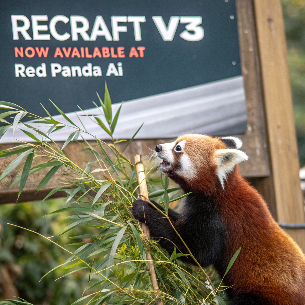 AI generated image by Red Panda AI: a red panda eating a bamboo in front of a poster that says "recraft V3 now available at red panda ai