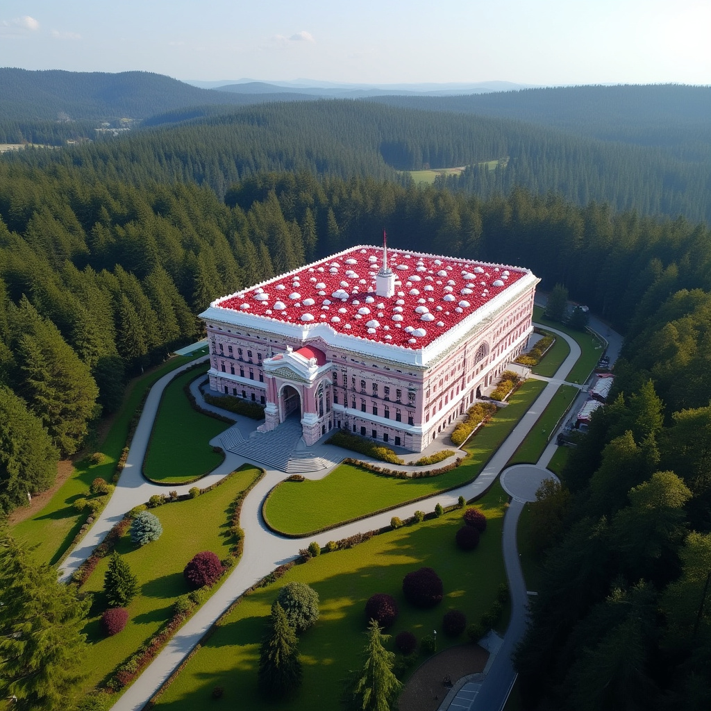 AI generated image by FLUX.1-pro: The world's largest black forest cake, the size of a building, surrounded by trees of the black forest