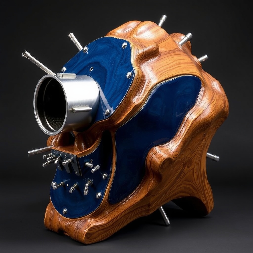 AI generated image by FLUX.1-schnell: crazy sculpture made from wood with dark blue linoleum surface, aluminum extrusions, and stainless steel parts.