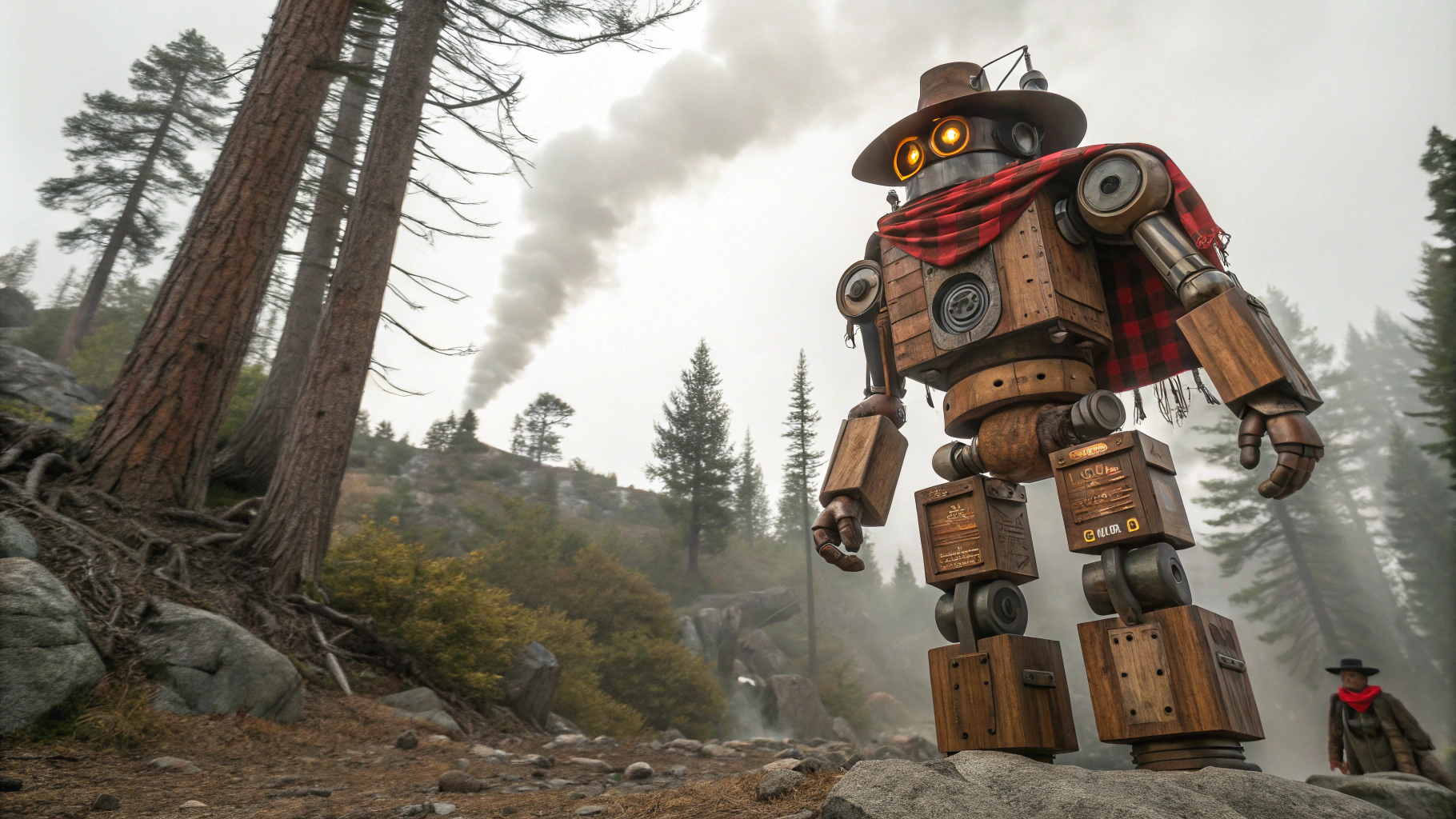 AI generated image by Red Panda AI: A giant lumberjack robot made of wood and metal, with exposed gears and a chimney puffing smoke. It wears a lumberjack hat and a red flannel scarf. The robot's bulky arms are designed for chopping, with visible mechanical joints. Inside the robot's belly, Little Red Riding Hood pilots from a control cabin, wearing her red hood and a Rambo-style bandana, determined to fight. In a pixel art platformer style like Metal Slug, the scene shows the robot facing off against the Wolf King. The wolf is massive, with glowing eyes and sharp claws, charging at the robot with quick attacks. The forest background is detailed with twisted trees and rocky terrain, and the action is fast-paced with explosions, sparks, and destructible elements. The robot swings its axe-like arm, while smoke puffs from its back. The environment is chaotic and filled with intense combat, all captured in the retro pixel art style of Metal Slug, with exaggerated, fluid animations.