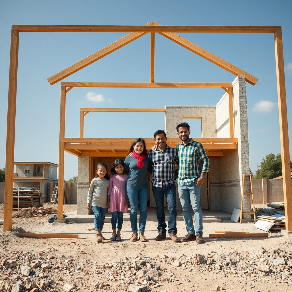 AI generated image by FLUX.1-schnell: creame una imagen con una Familia en un lote o casa en construcción con mensajes que resalten seguridad y prosperidad con caras detalladas y que se vean bien 