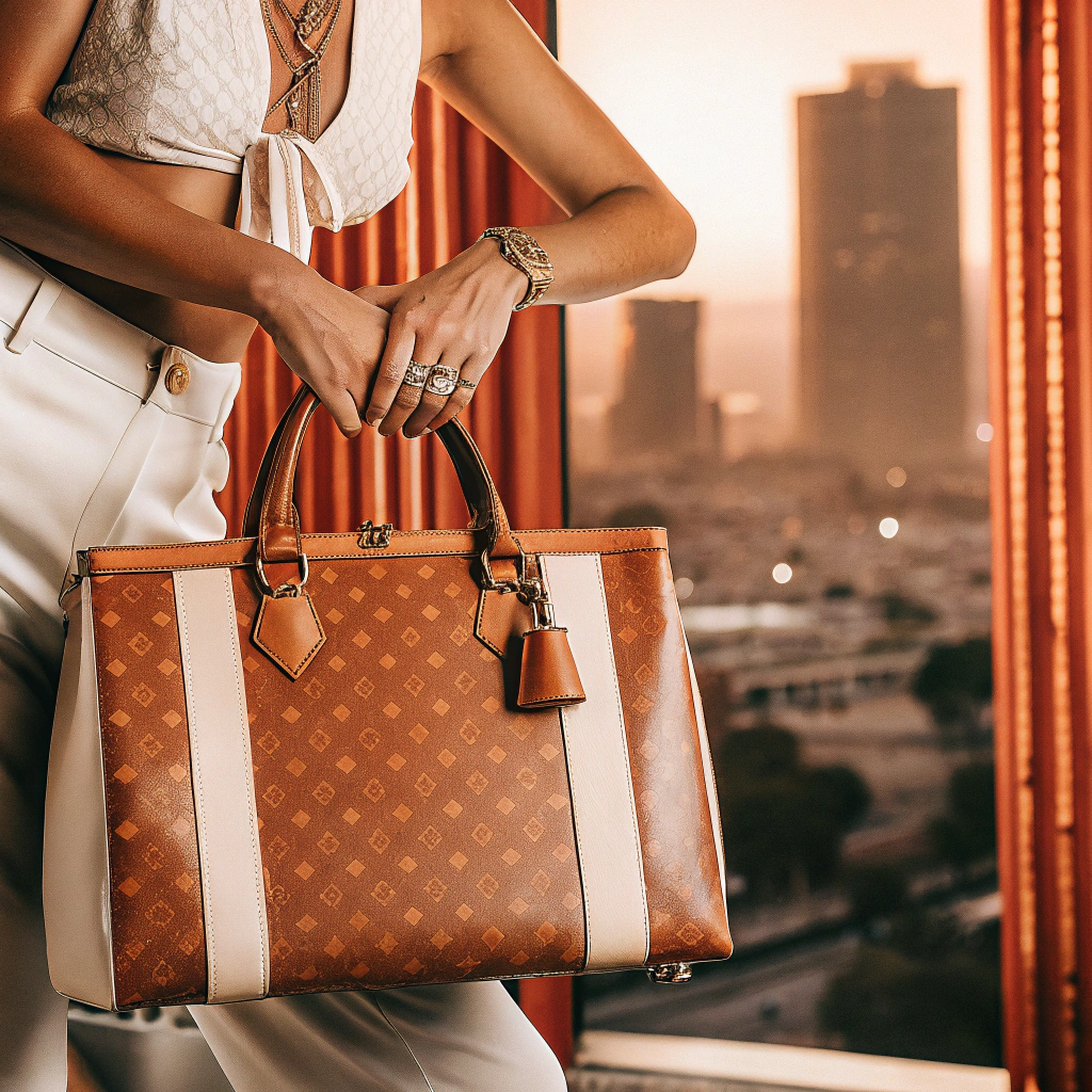 AI generated image by Red Panda AI: Consegue criar uma fotografia profissional de uma modelo a posar num estúdio com uma mala com um design inspirado na Louis Vuitton, normalmente associada a marcas de luxo, tendo como pano de fundo uma paisagem urbana inspirada em Los Angeles? A imagem deve transmitir uma atmosfera de luxo, estilo e sofisticação. Forneça a descrição exacta da sessão fotográfica, incluindo a pose da modelo, os acessórios e o guarda-roupa, bem como quaisquer elementos criativos que façam sobressair a imagem. ” Ao modificar o pedido original, acrescentei pormenores mais específicos, tais como: * “Fotografia de estúdio” para clarificar o cenário * “Inspirado por Louis Vuitton” para especificar o estilo de design * “Paisagem urbana inspirada em Los Angeles” para acrescentar um local específico * “Ambiente sofisticado, elegante e sofisticado” para transmitir a estética pretendida * “Descrição precisa”