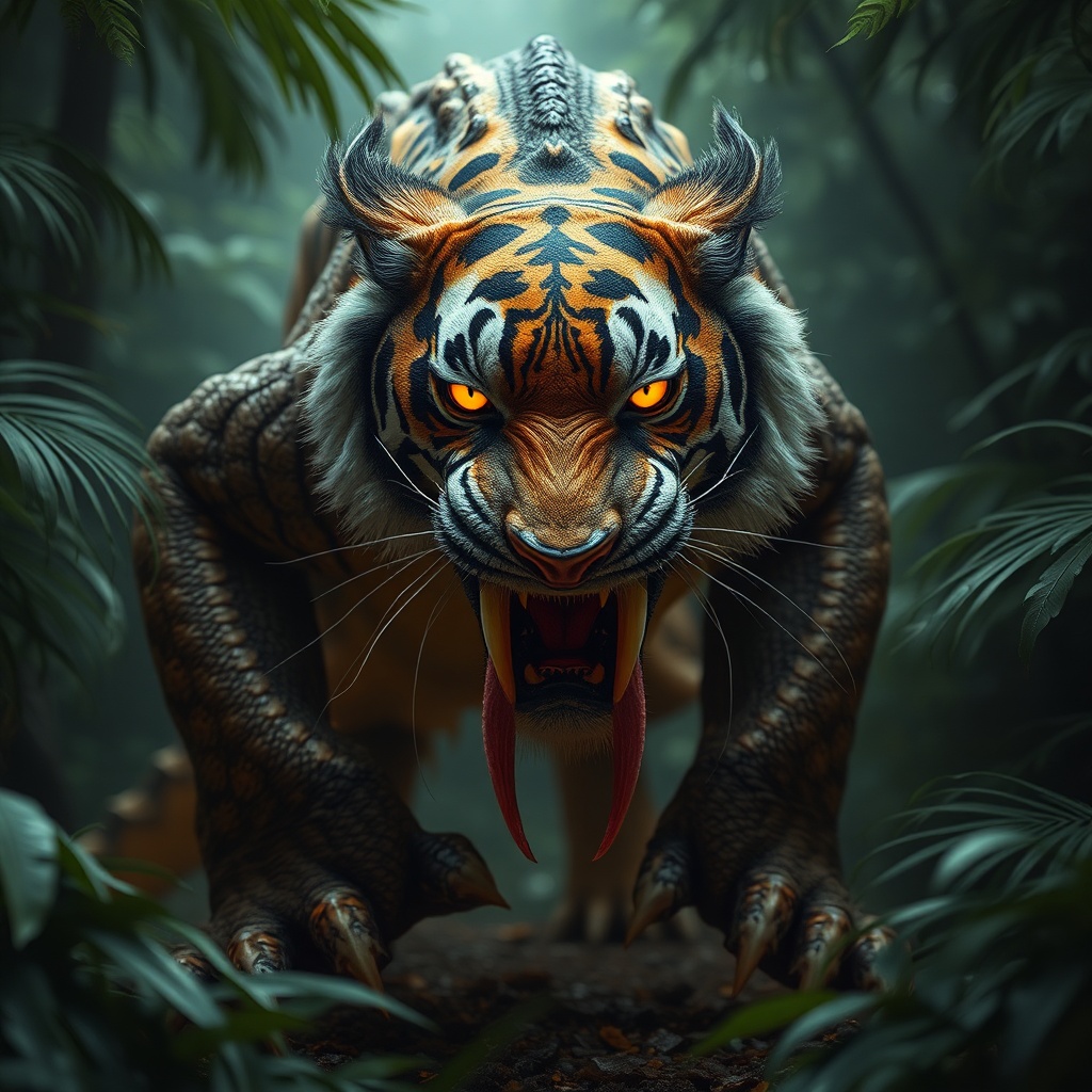 AI generated image by FLUX.1-schnell: "A fearsome tiger fused with a Komodo dragon, scaly hide, long forked tongue, venomous bite, razor-sharp claws, prowling in a dense jungle, glowing yellow eyes, extremely detailed, ultra-realistic, intense atmosphere, highly cinematic"
