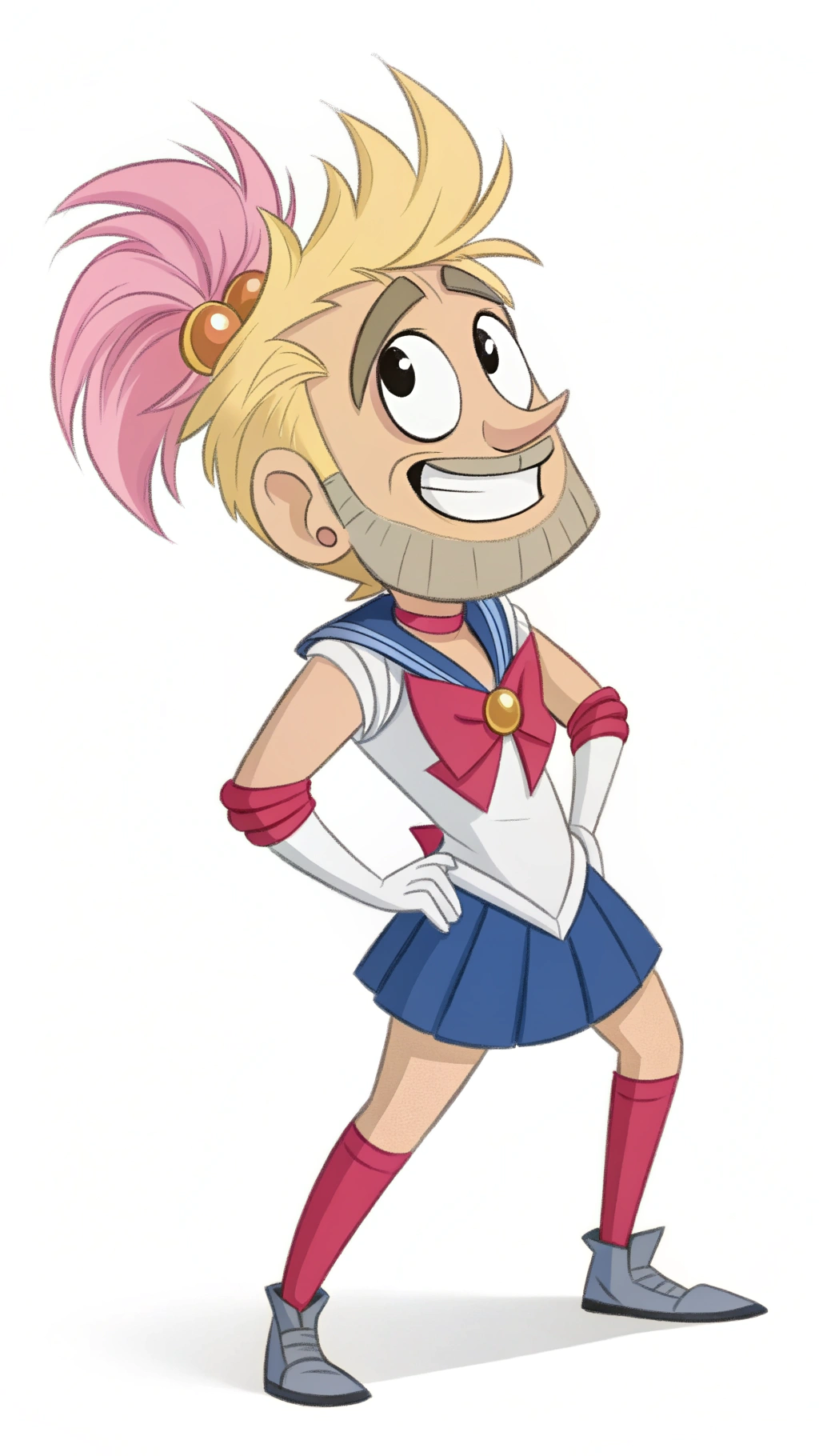 AI generated image by Red Panda AI: Generate the image of an adult male with exaggerated features and a stylized appearance typical of pixar. Use of bright and contrasting colors adds to the dynamic and eye-catching nature of the image.

Character Design:

Hair: The character has spiky, messy hair with a gradient of blonde and pink, giving it a textured and voluminous look.
Face: The face is well-defined with prominent features, including large, expressive eyes, a strong jawline, and a friendly smile.
Expression: The character has a cheerful and confident expression, conveyed through the smile and the slight tilt of the head.

Clothing and Accessories:
Shirt: The character is wearing a girly outfit, possibly a sailor moon inspired outfit, with a mini skirt and high knee socks