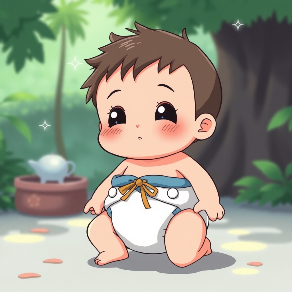 AI generated image by FLUX.1-schnell: Cute anime boy diaper, ghibli style
