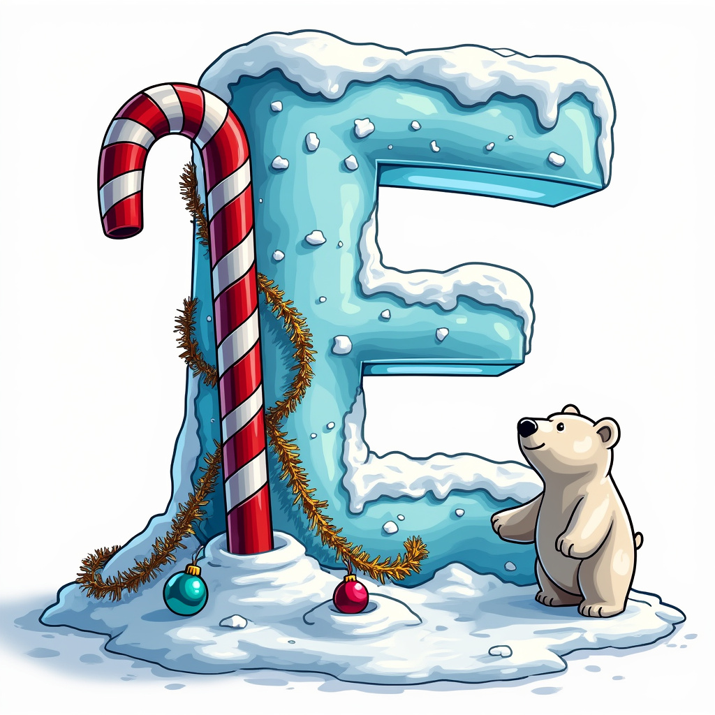 AI generated image by FLUX.1-pro: A comic style medium shot of a large, crystal-clear letter E sculpted from snow and ice. The letter E is adorned with colorful ornaments, a candy cane hooked onto one edge, and a strand of golden tinsel wrapped around it. A tiny polar bear stands beside it. The background is a plain white background, maintaining focus on the letter shape.
