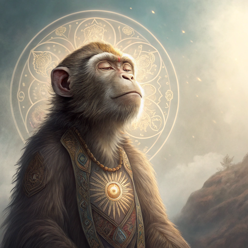 AI generated image by Red Panda AI: giant monkey with a spiritual aura, looking like something out of a religious painting
