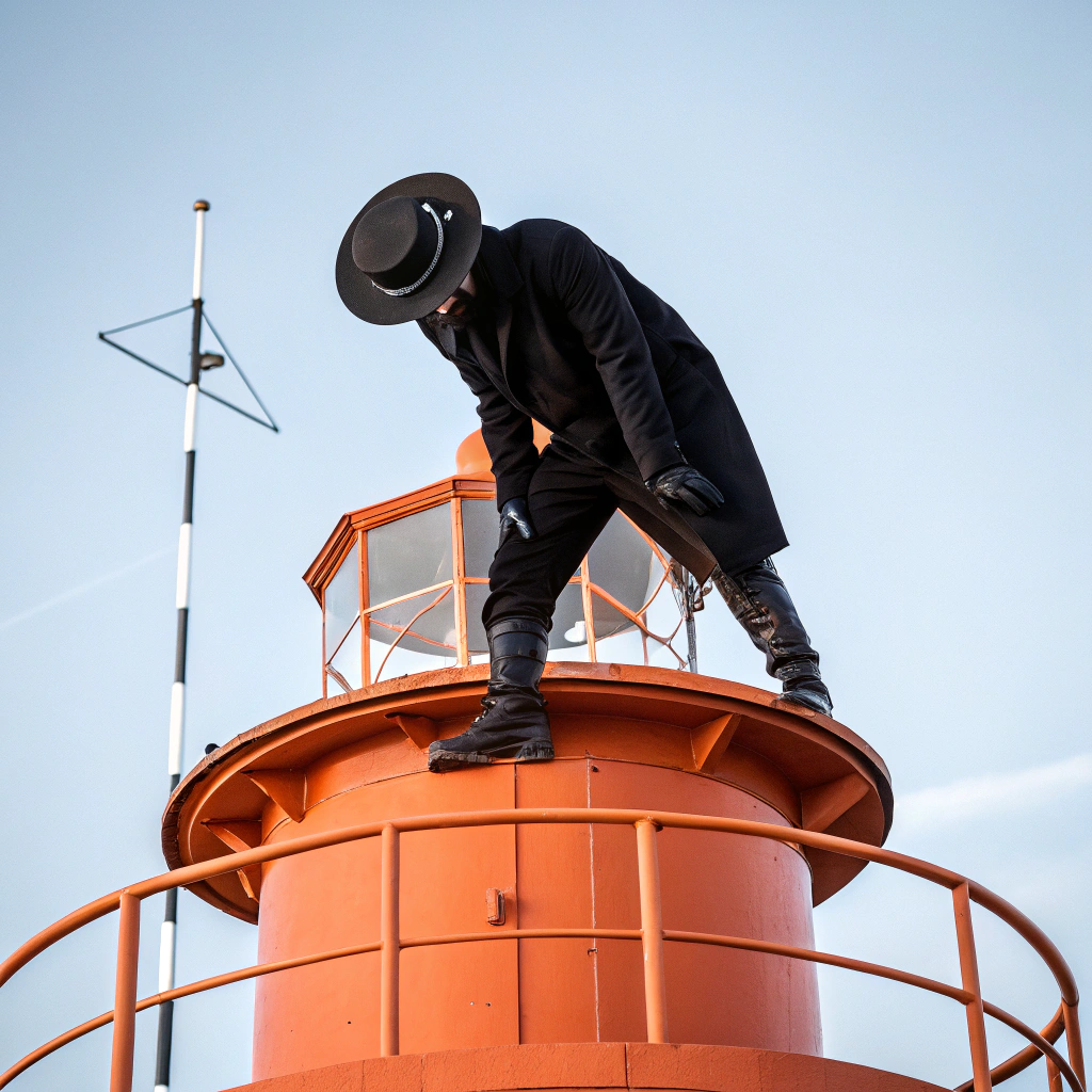 AI generated image by Red Panda AI: ……… silent looking high resolution man wearing all black black glove black boots and a black circular hat bending his head in the center of the picture stands on top of orange lighthouse top, 32 K