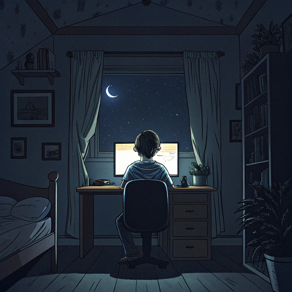 AI generated image by Red Panda AI: Hyper detailed cartoon of a young 13 year old boy sitting in his room on a computer at night.The room is dark and he has a soft glow from the light of the computer glowing in his face. The camera angle should be at a far distance in the top corner of his room, pointing down at him, sitting at his desk.His back needs to be facing the camera.So you can't see his face. The scene is set in early 2009