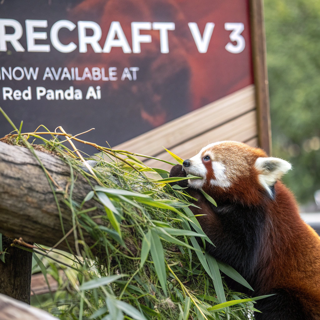 AI generated image by Red Panda AI: a red panda eating a bamboo in front of a poster that says "recraft V3 now available at red panda ai