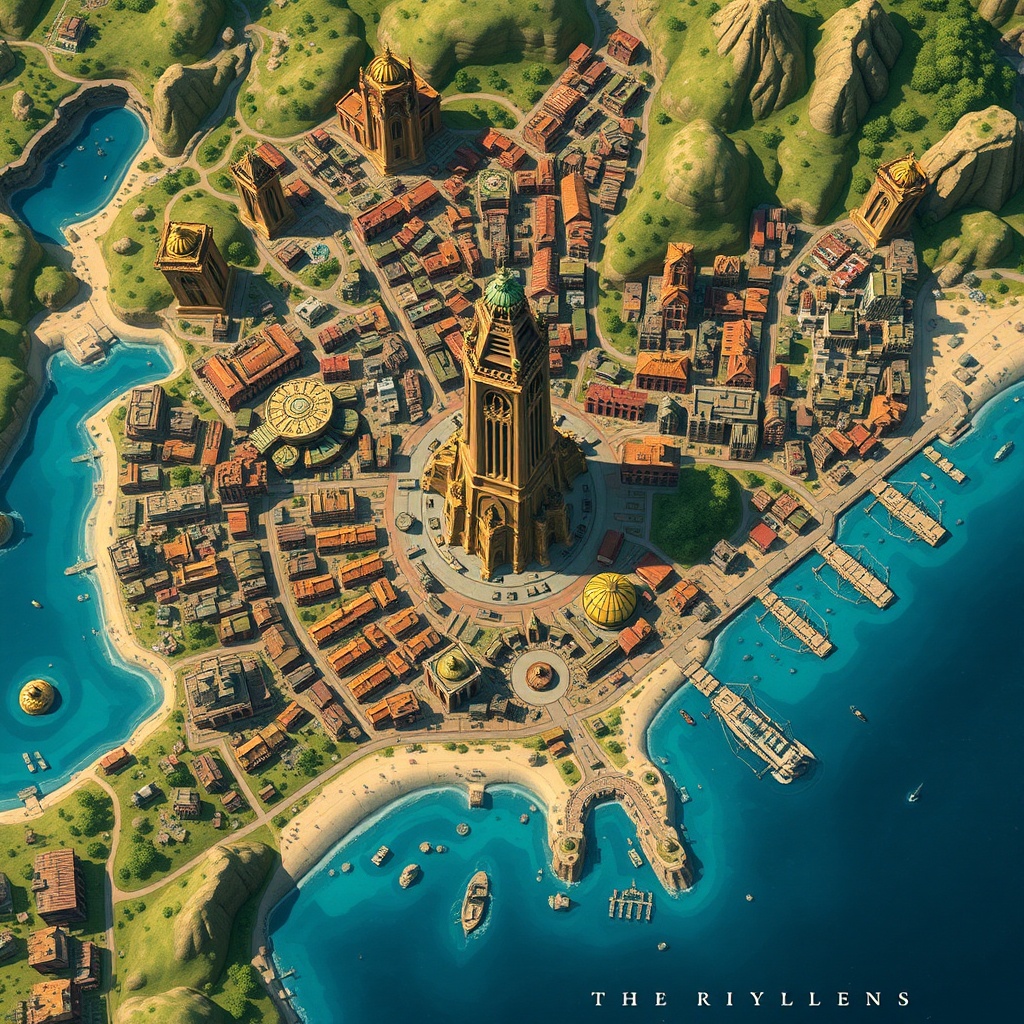 AI generated image by FLUX.1-schnell: Colorful TTRPG overhead map of sprawling city on the east coast of the continent with multiple social and economic districts. There should be a large onyx tower in the center and a dock district on the right side. Similar to maps made by WOTC.