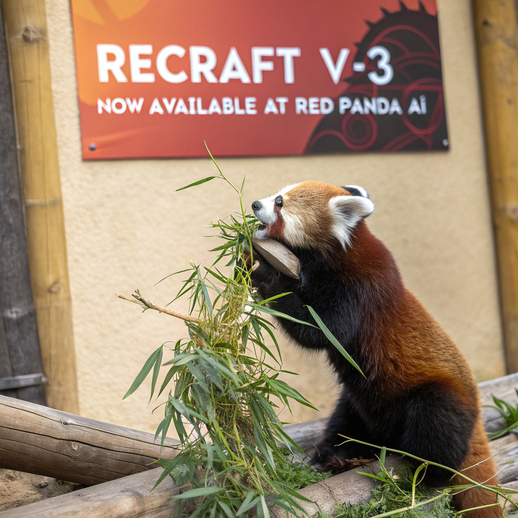 AI generated image by Red Panda AI: a red panda eating a bamboo in front of a poster that says "recraft V3 now available at red panda ai
