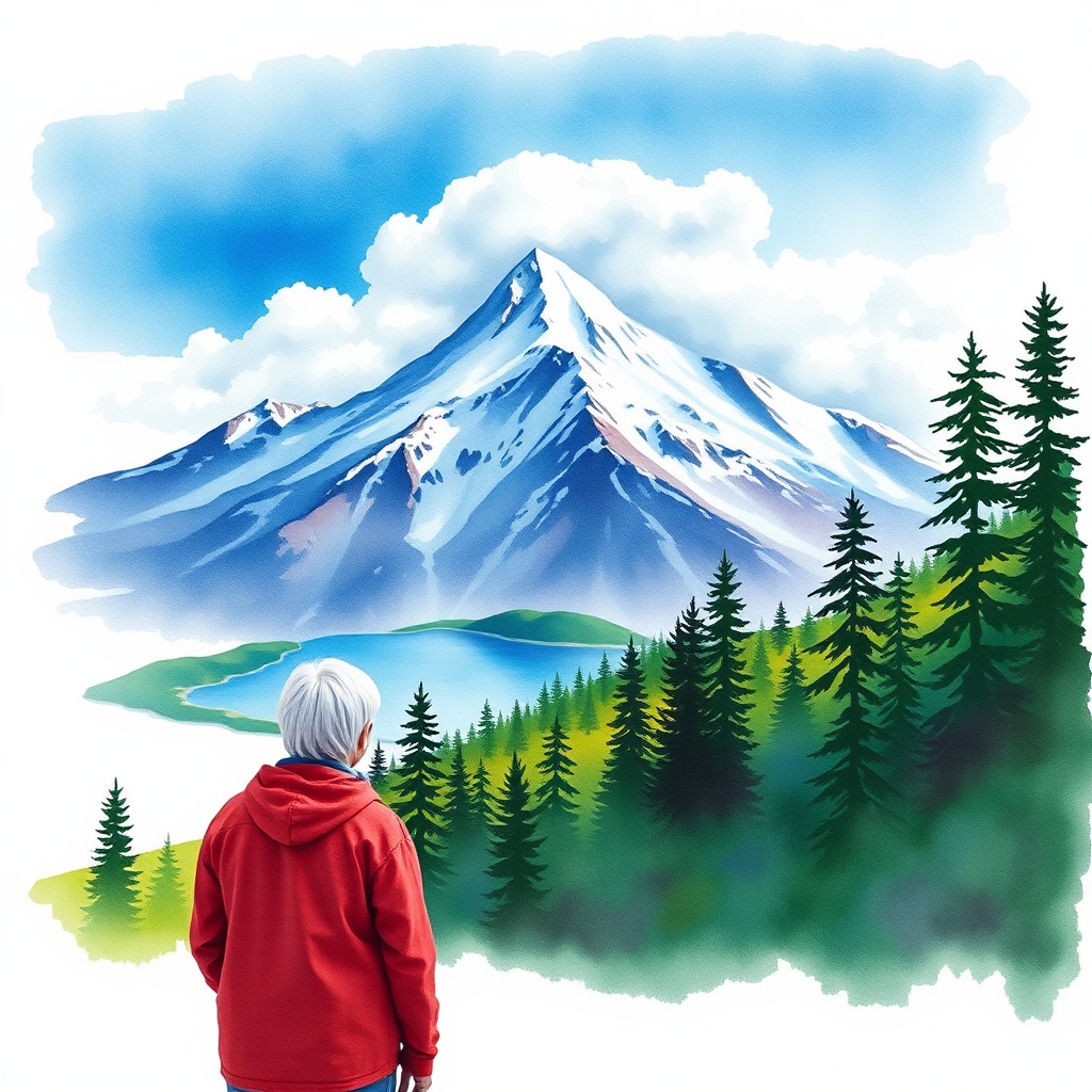 AI generated image by FLUX.1-schnell: Colorful mountain landscape watercolor style isolated on white background. Snowy mountain peak with a lake and fir trees. Watercolor mountain landscape. Ideal for postcard, book, poster, banner.; senior couple silhouette looking at the blue sky above with clouds 