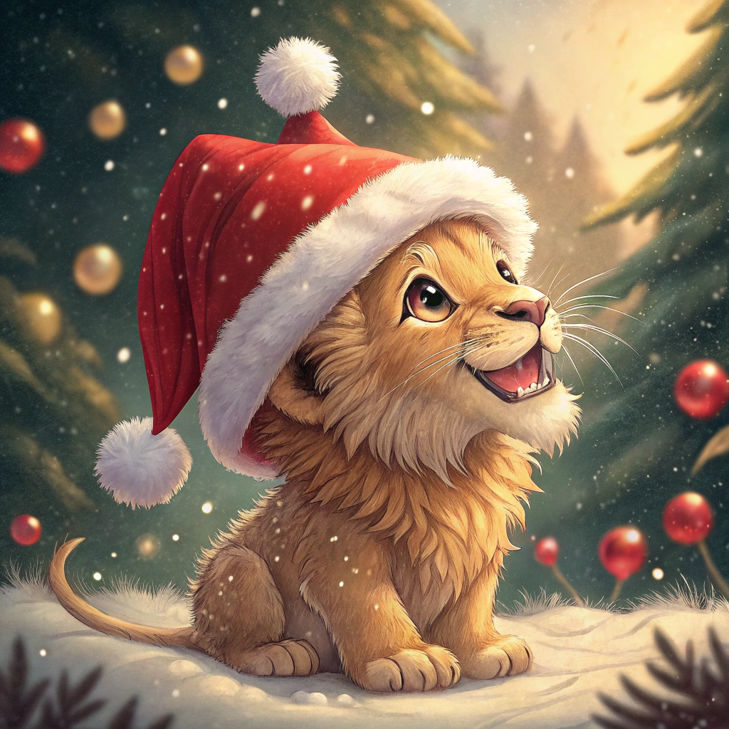 AI generated image by Red Panda AI: 戴着圣诞帽的小狮子
