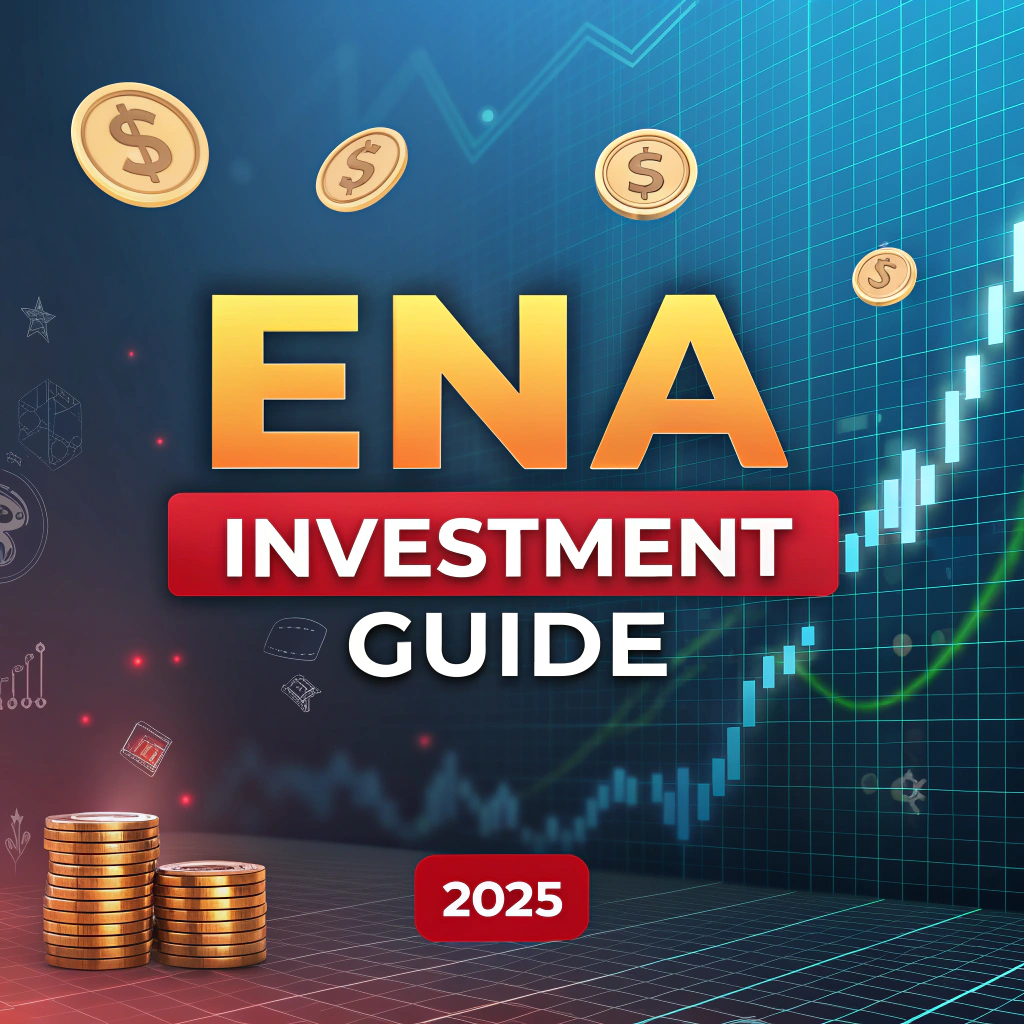 AI generated image by Red Panda AI: Futuristic banner for a blogpost, with de-fi bold colors and background like, financial, investment, usd , in a financial article style. Big title "ENA Investment Guide" and small subtitle "2025"