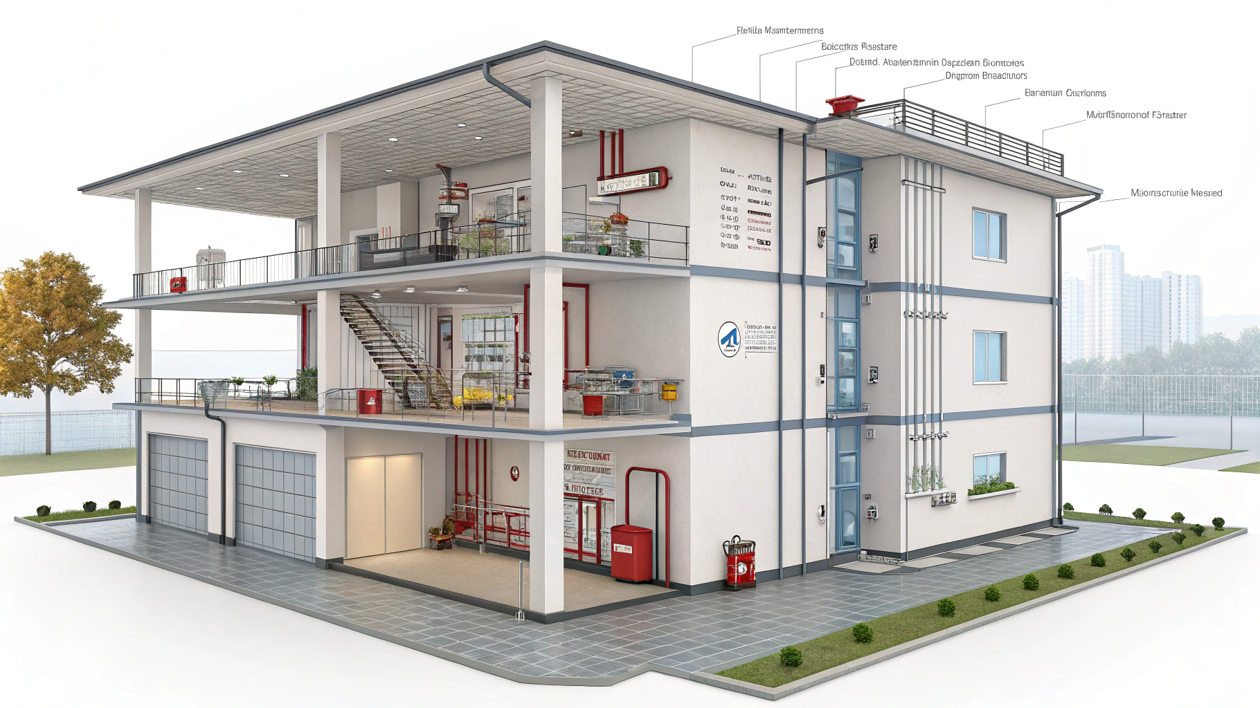 AI generated image by Red Panda AI: "A meticulously detailed 3D cutaway view of a modern multi-story building, illustrating integrated engineering systems with clear and labeled elements. The image showcases:

    Hydraulic and Sanitary Systems: Pipes, water tanks, drainage lines, and faucets.
    Gas Projects: Gas pipelines, valves, and meters in a secured setup.
    Fire Protection Systems: Sprinklers, fire extinguishers, hydrants, and alarm systems.
    Electrical Systems: Circuit breakers, electrical conduits, lighting fixtures, and power generators.
    Voice and Data Systems: Network cables, server racks, Wi-Fi routers, and structured cabling.
    CCTV and Access Control Systems: Security cameras, motion sensors, biometric access panels, and secured gates.
    Air Conditioning Systems: HVAC units, air ducts, thermostats, and ventilation grids.
    Mechanical Systems: Gears, pumps, industrial equipment, and motorized systems.