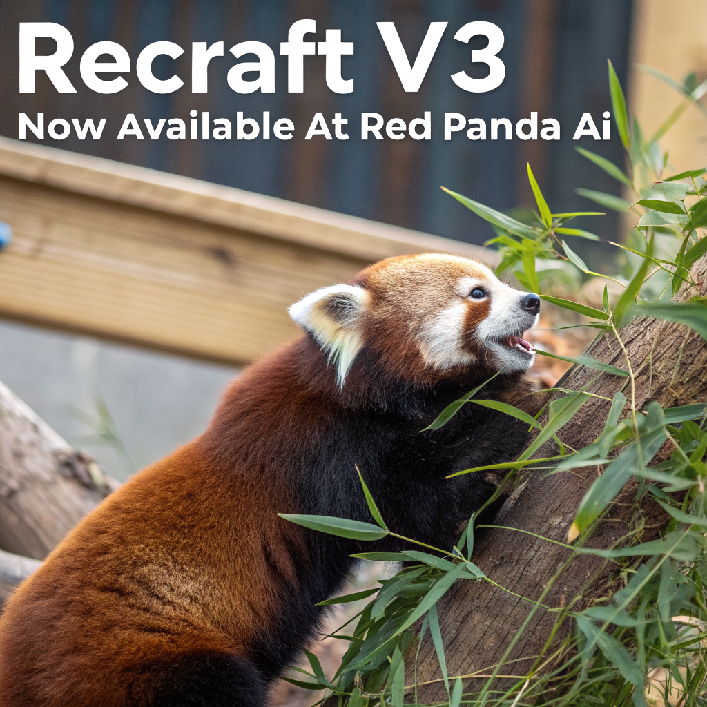 AI generated image by Red Panda AI: a red panda eating a bamboo in front of a poster that says "recraft V3 now available at red panda ai