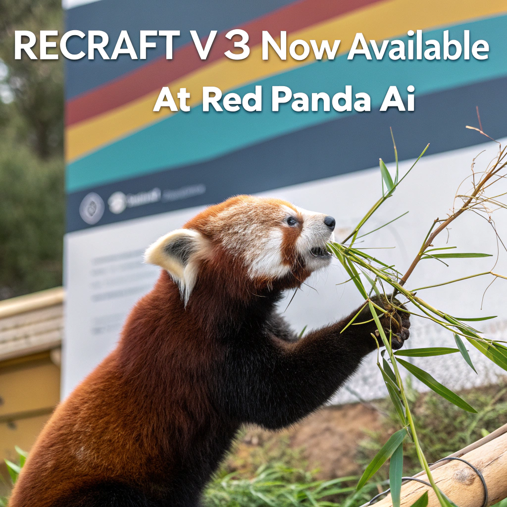 AI generated image by Red Panda AI: a red panda eating a bamboo in front of a poster that says "recraft V3 now available at red panda ai