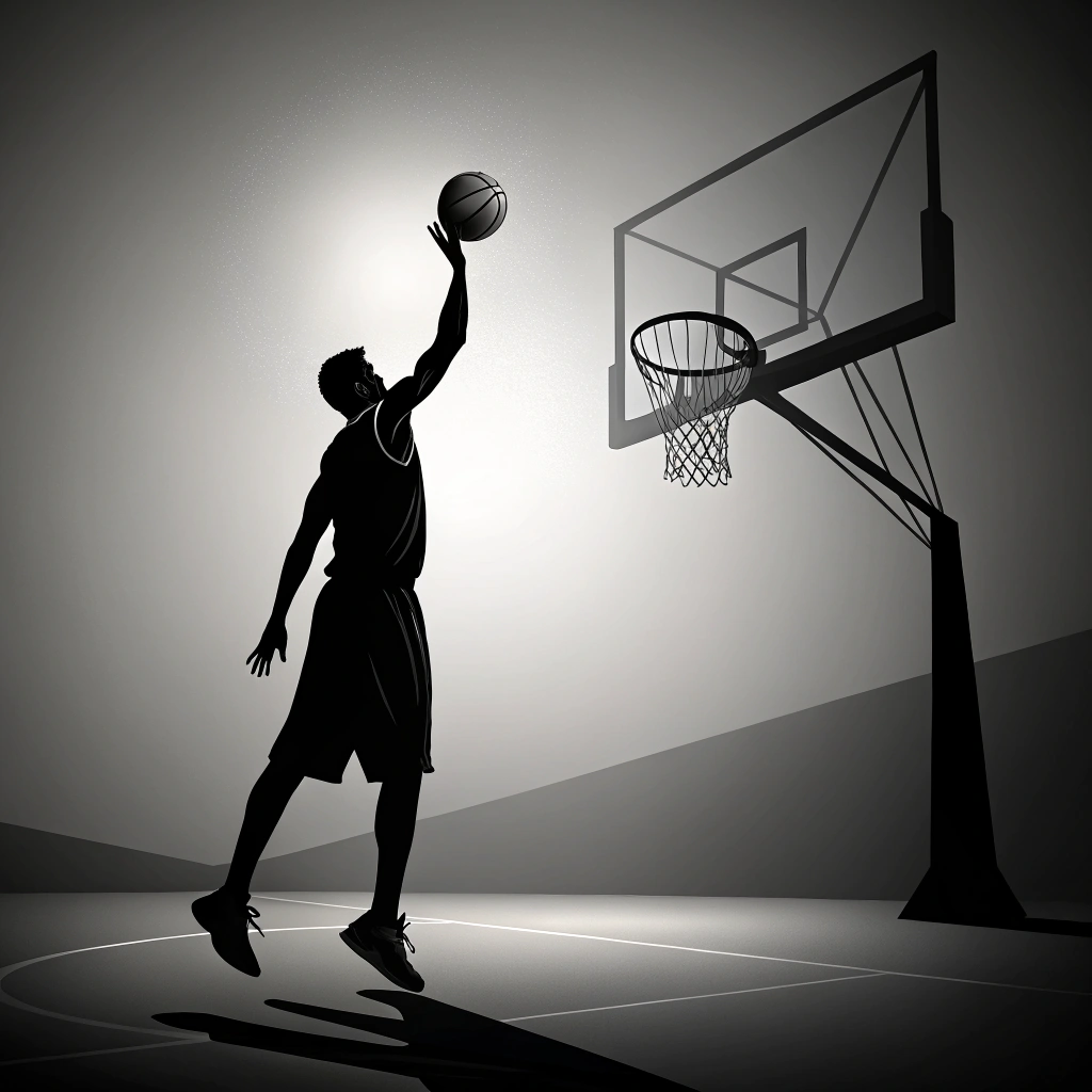AI generated image by FLUX.1-schnell: basketball player taking a free throw, you should only observe the silhouette of the player, only use black and white colors
