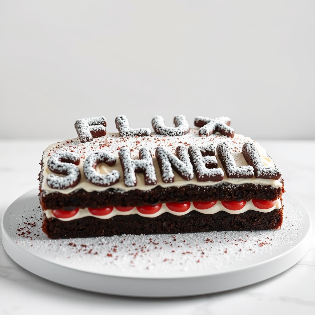 AI generated image by FLUX.1-schnell: black forest gateau cake spelling out the words "FLUX SCHNELL", tasty, food photography, dynamic shot