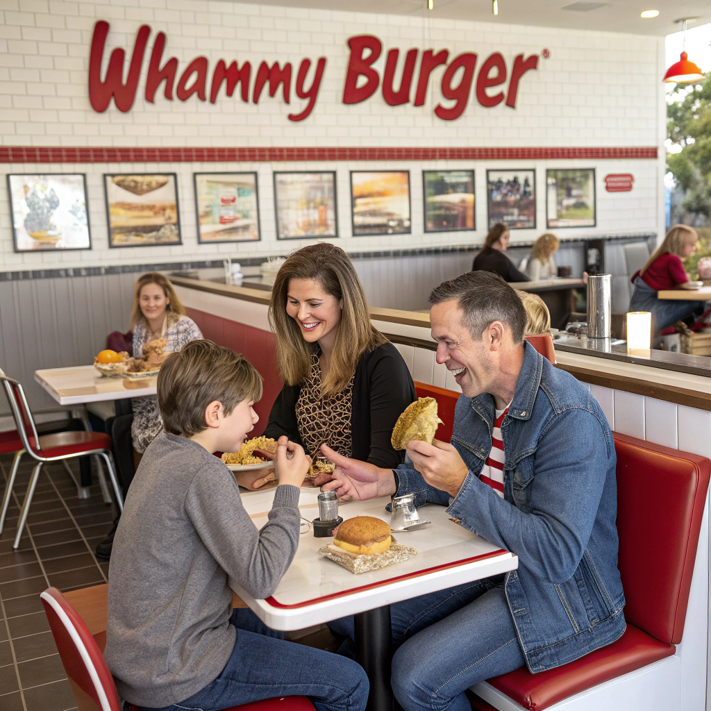 AI generated image by Red Panda AI: Image of a family eating hamburgers at a restaurant called "Whammy Burger". Photorealistic.