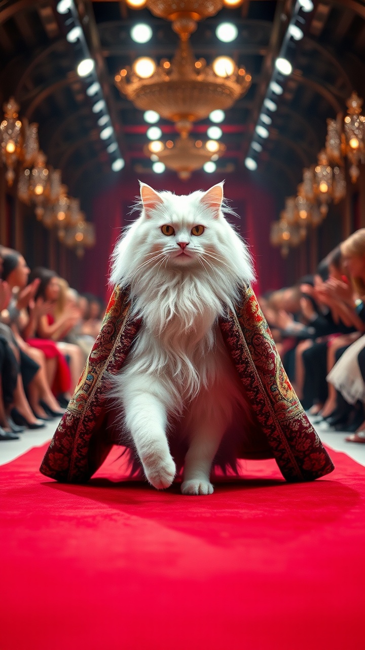 AI generated image by FLUX.1-schnell: Create a high-fashion runway video featuring a majestic white fur cat confidently walking down a red carpet. The cat is draped in a richly detailed, colorful, and ornate fabric that resembles a traditional royal robe. The setting is a grand fashion show with a glamorous and sophisticated audience, complete with bright runway lights, a long catwalk, and enthusiastic spectators clapping on either side. The atmosphere should be luxurious and opulent, capturing the elegance of both the cat and the fashion event.
