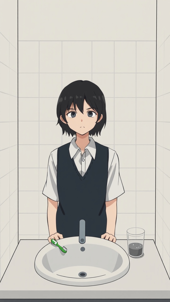 AI generated image by FLUX.1-schnell: Omocat's omori game artstyle, The image depicts a young person standing behind a bathroom sink, their expression somber. Their dark hair is neatly styled, and they are dressed in a white shirt with a dark vest. The tiled walls behind them are plain and featureless, creating a sense of isolation. The only other elements in the scene are a toothbrush and a glass on the counter, suggesting a routine that the individual may find difficult to engage in. The overall mood of the image is melancholic, hinting at a sense of loneliness or sadness. The subdued colors and minimalist composition further contribute to the somber atmosphere.  The image leaves room for interpretation, inviting viewers to consider the inner thoughts and feelings of the subject.