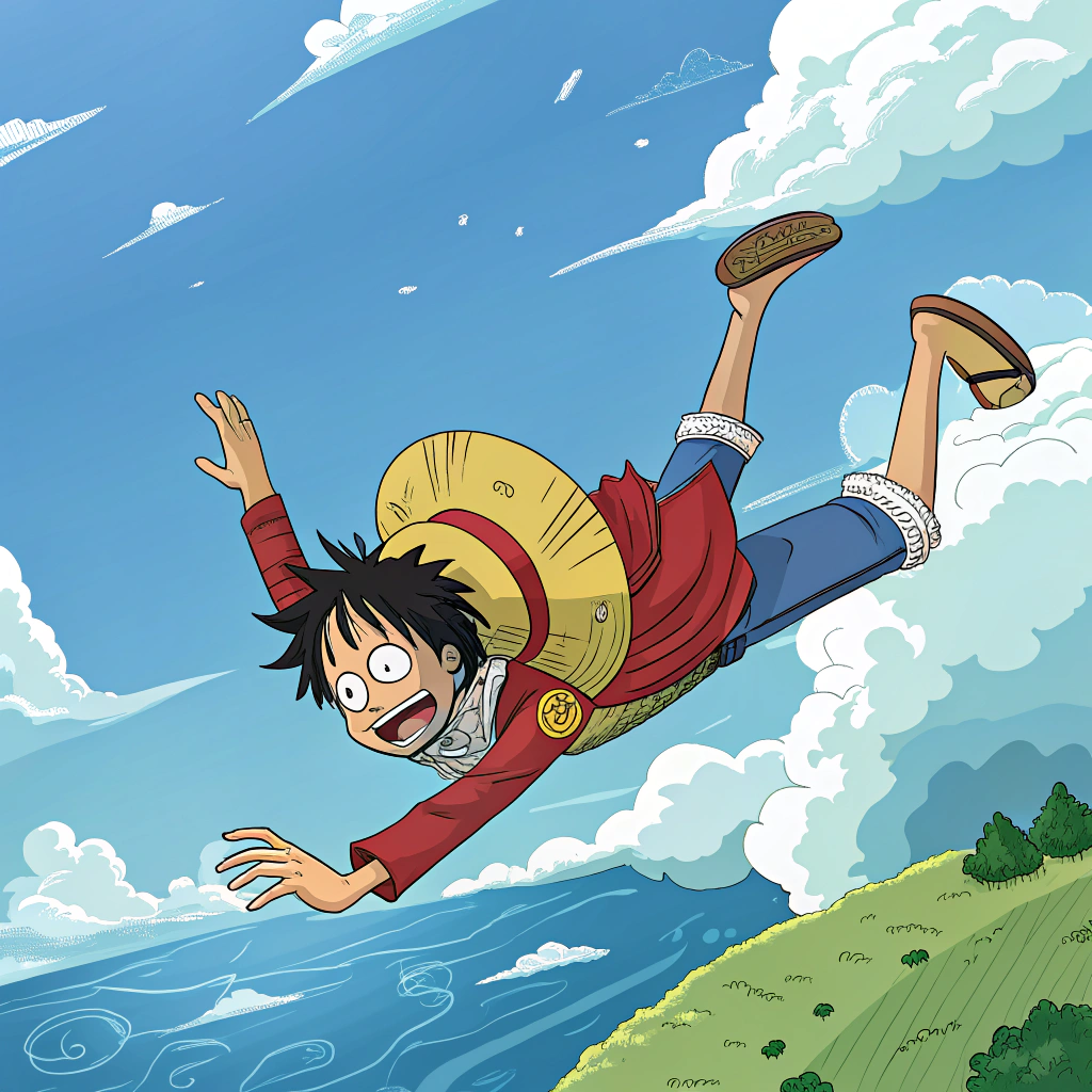 AI generated image by FLUX.1-schnell: monkey d luffy fell from the sky