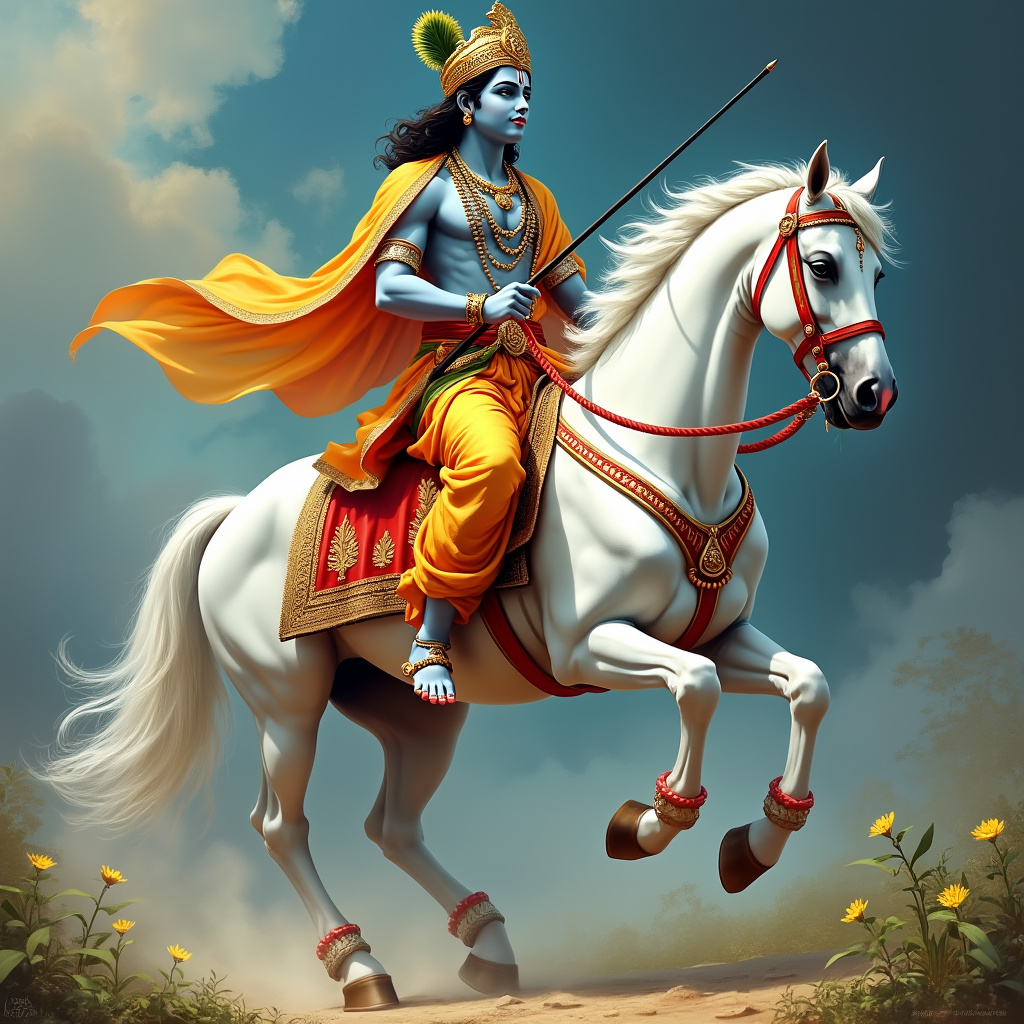 AI generated image by FLUX.1-pro: Lord Krishna should look as he is illustrated in Sanatan dharma .. Lord Krishna rides a white horse and should look realistic ...background is natural and beautiful 