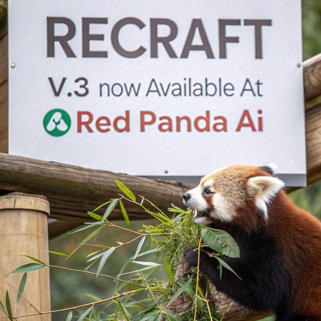 AI generated image by Red Panda AI: a red panda eating a bamboo in front of a poster that says "recraft V3 now available at red panda ai