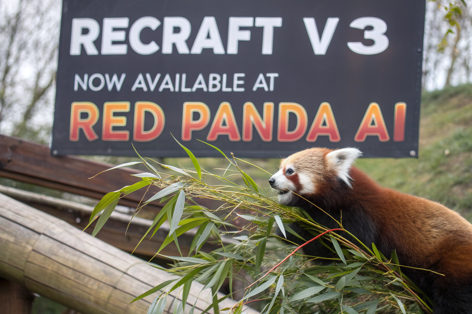 AI generated image by Red Panda AI: a red panda eating a bamboo in front of a poster that says "recraft V3 now available at red panda ai