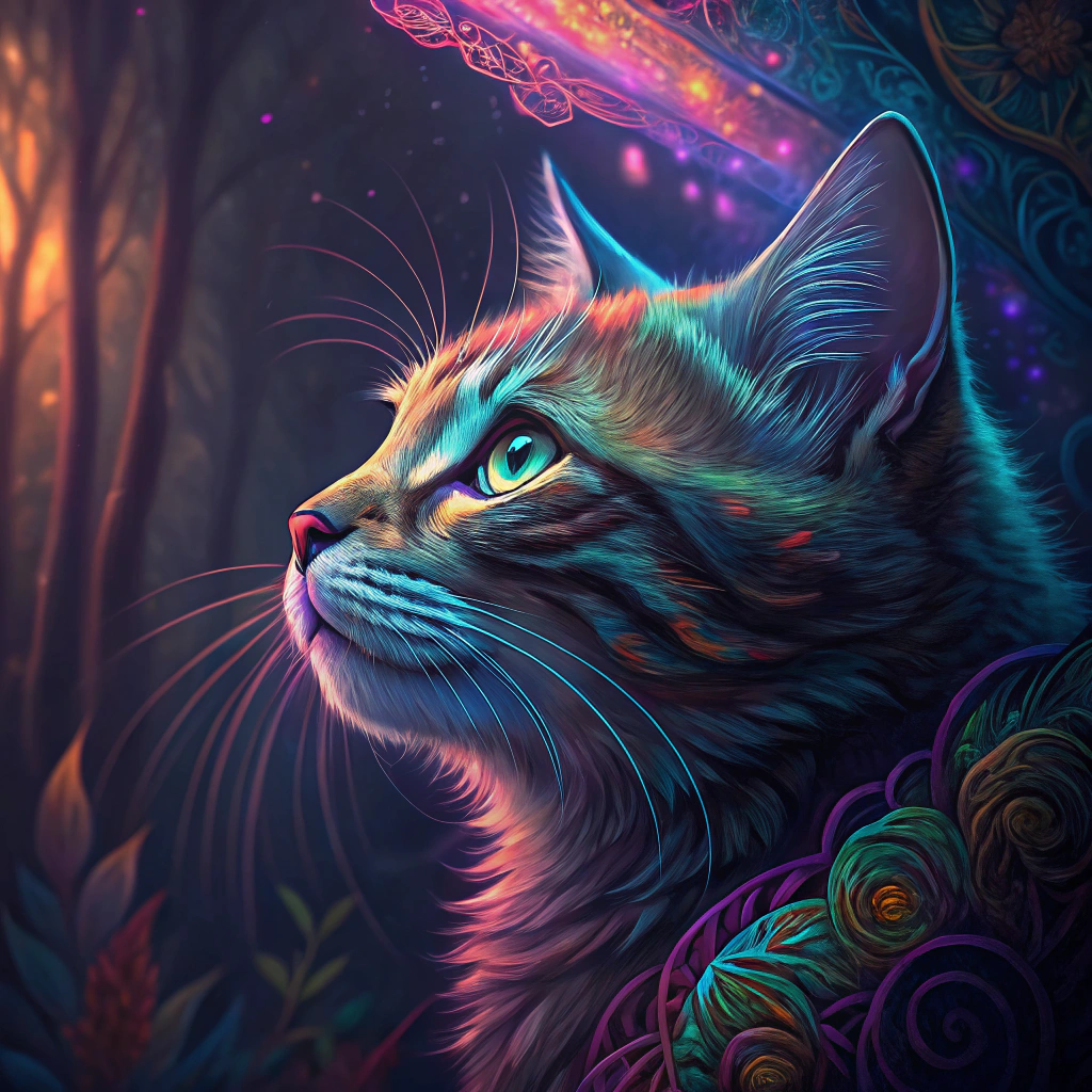 AI generated image by Red Panda AI: a perfect portrait of a cat, an extremely psychedelic experience, colorful, surreal, dramatic lighting, LSD, detailed face, intricate, elegant, highly detailed, digital painting, art station, concept art, sharp soft focus, illustration