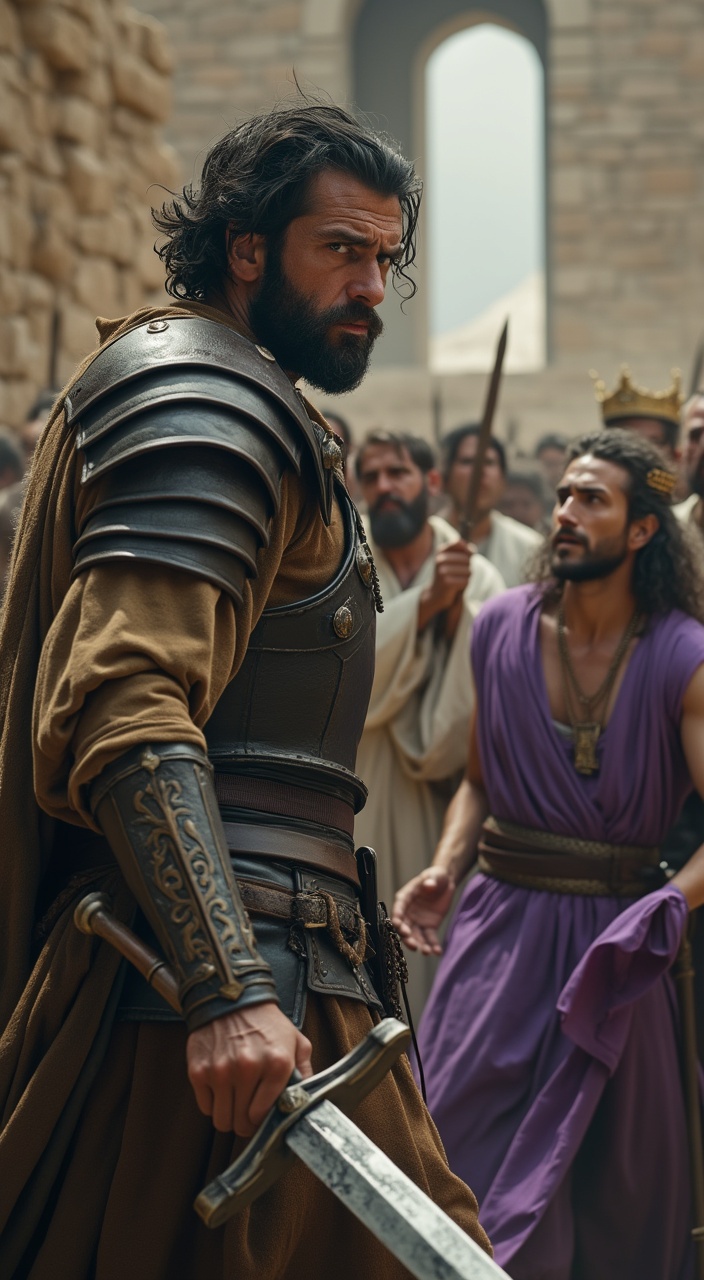 AI generated image by FLUX.1-pro: "Ultra-detailed 8K shot, Jehu, a 35-year-old man, weathered tan skin, messy black hair, trimmed beard, fierce dark eyes, worn leather armor, brown tunic, gleaming drawn sword, standing before a stone palace, pointing at a high window, Jezebel pushed by eunuchs in white tunics, nervous sweaty faces, Jezebel’s purple dress billowing, small golden crown wobbling, dark gray sky, swirling dust in the air, 9th century BC, tense cinematic style with hyper-realistic textures in skin, metal, and stone."