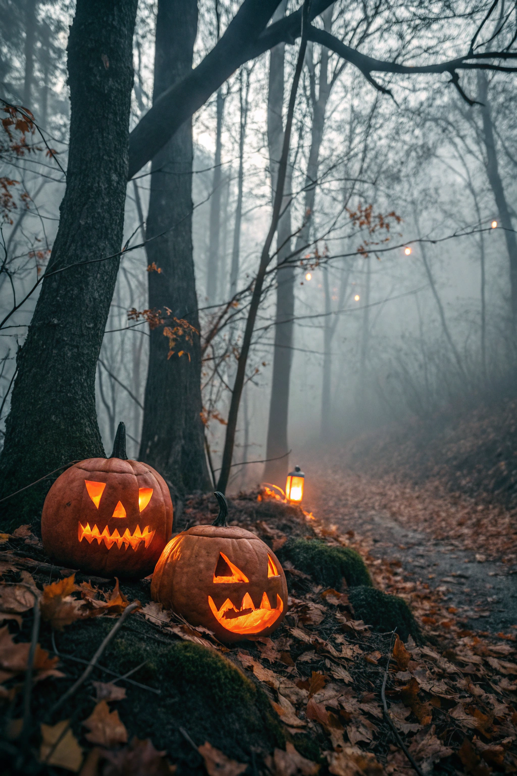 AI generated image by FLUX.1-schnell: two Halloween pumpkins in the forest, candles burning in the pumpkins, autumn forest, thick fog, twilight, film photography