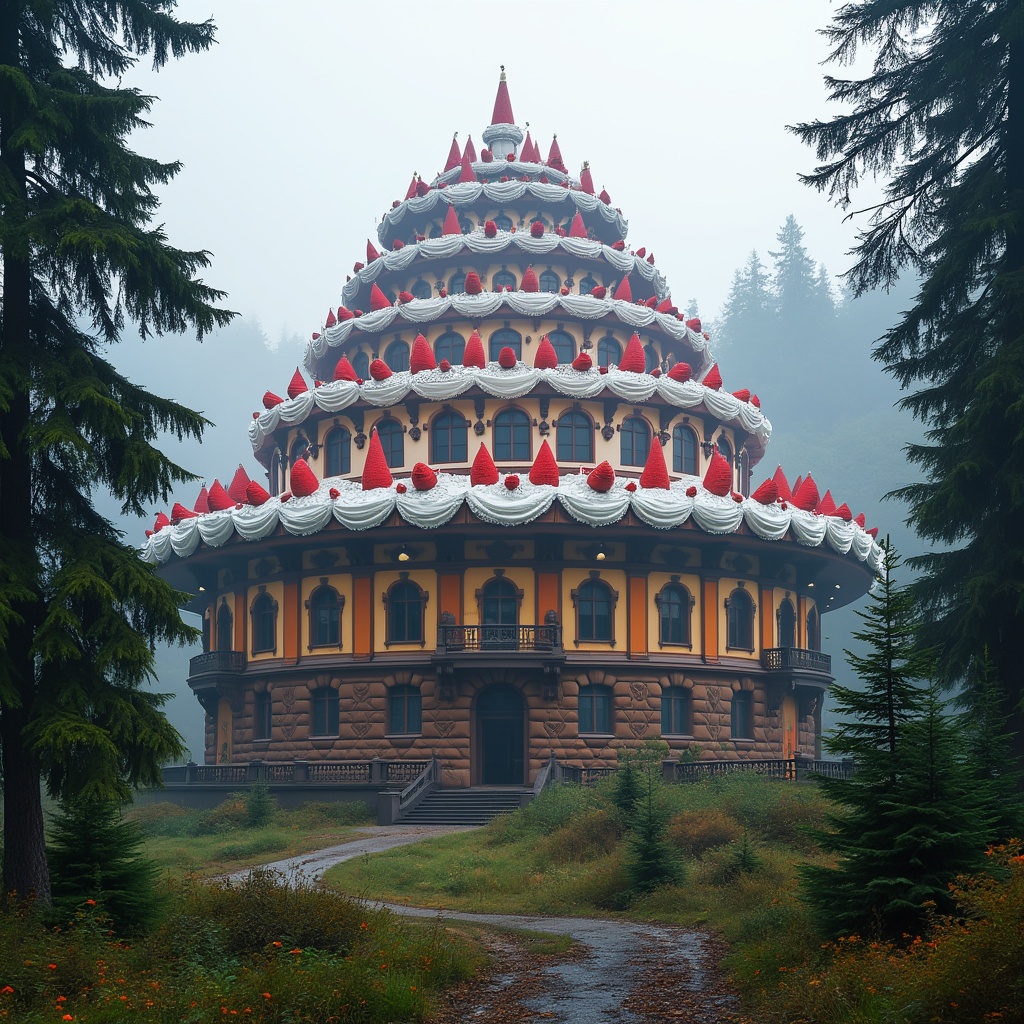 AI generated image by FLUX.1-pro: The world's largest black forest cake, the size of a building, surrounded by trees of the black forest