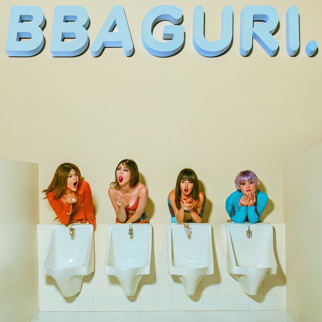 AI generated image by Red Panda AI: korean kpop girl group album cover arts, 20 years old, 4 girls, SEXY concept album, perfect face, The background is a public bathroom with a urinal toilet, seductive face, perfect anatomy,There is trash such as cigarette butts and tissues lying around, title name is [BBAGURI], kneel front or next to the urinal , There are lipstick marks on the urinals that they left themselves, There are four girls dressed in revealing outfits with plunging necklines, Put hands behind head and show off hairy armpit hair.