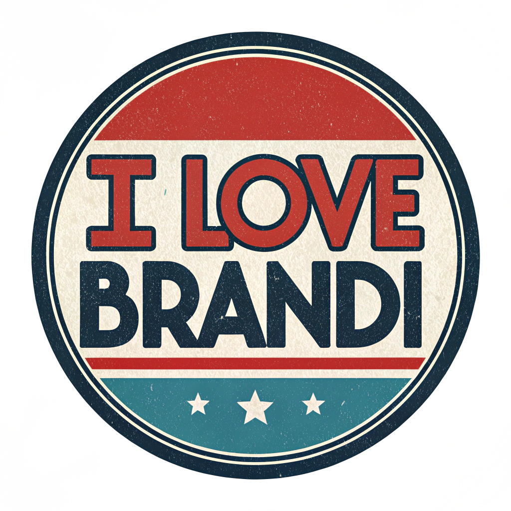 AI generated image by Red Panda AI: Circle logo, "I Love Brandi", on white background, red and white and black, only text, bold font, retro, blues music style