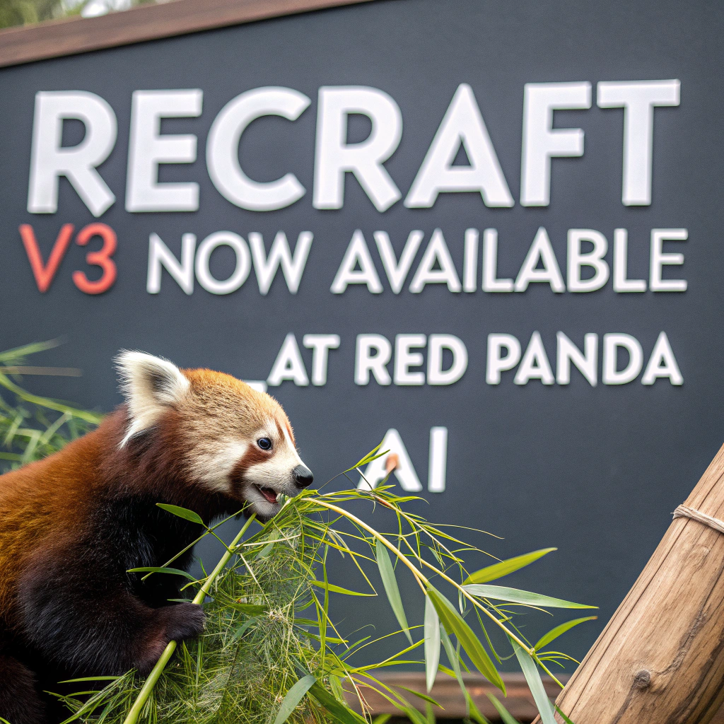 AI generated image by Red Panda AI: a red panda eating a bamboo in front of a poster that says "recraft V3 now available at red panda ai