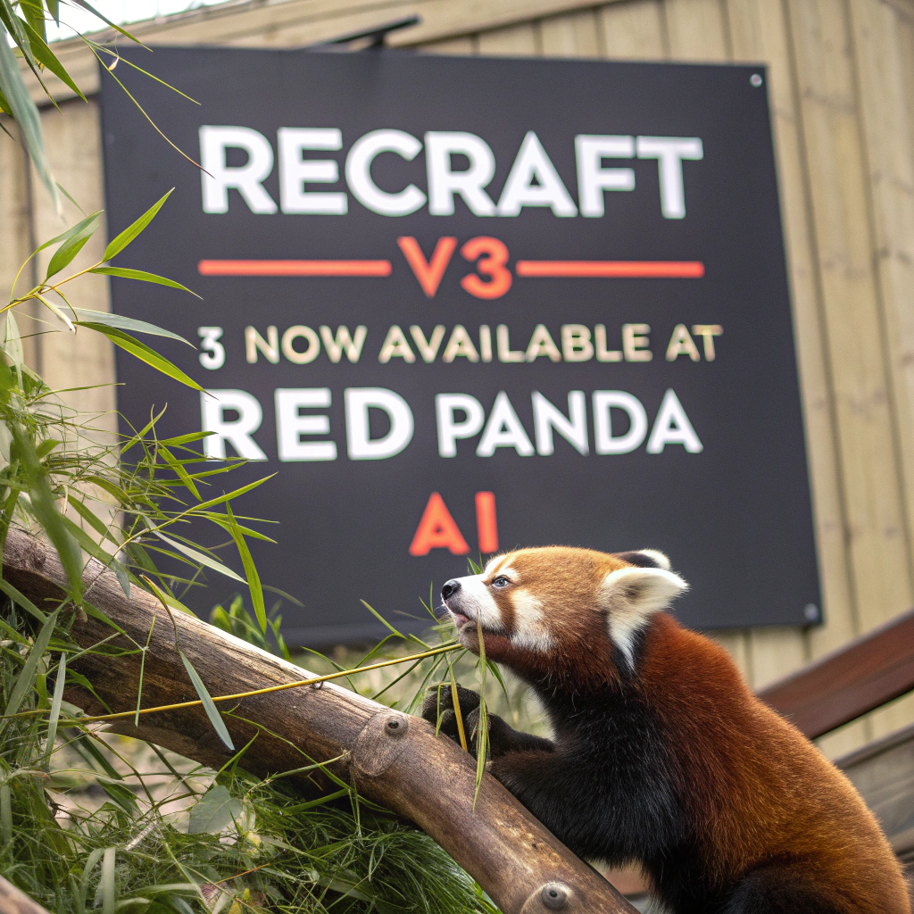 AI generated image by Red Panda AI: a red panda eating a bamboo in front of a poster that says "recraft V3 now available at red panda ai