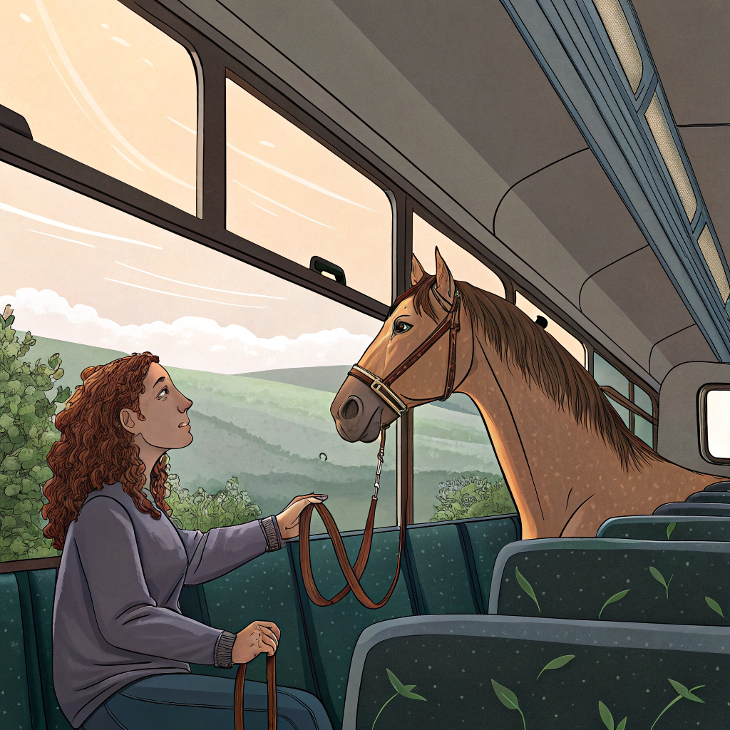 AI generated image by Red Panda AI: A Woman traveling in a Bus with her horse