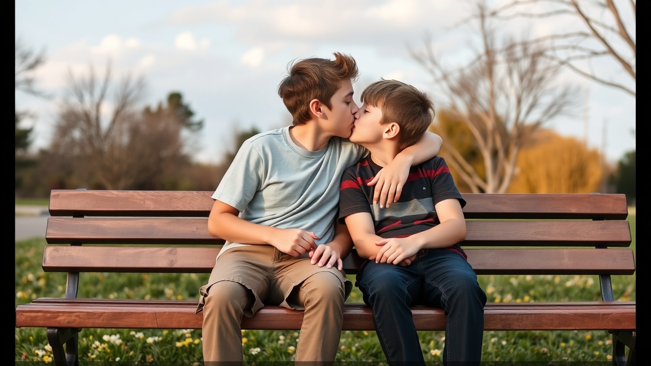 AI generated image by FLUX.1-schnell: Two tween boys sitting on a bench kissing each other, one with his arm around the other