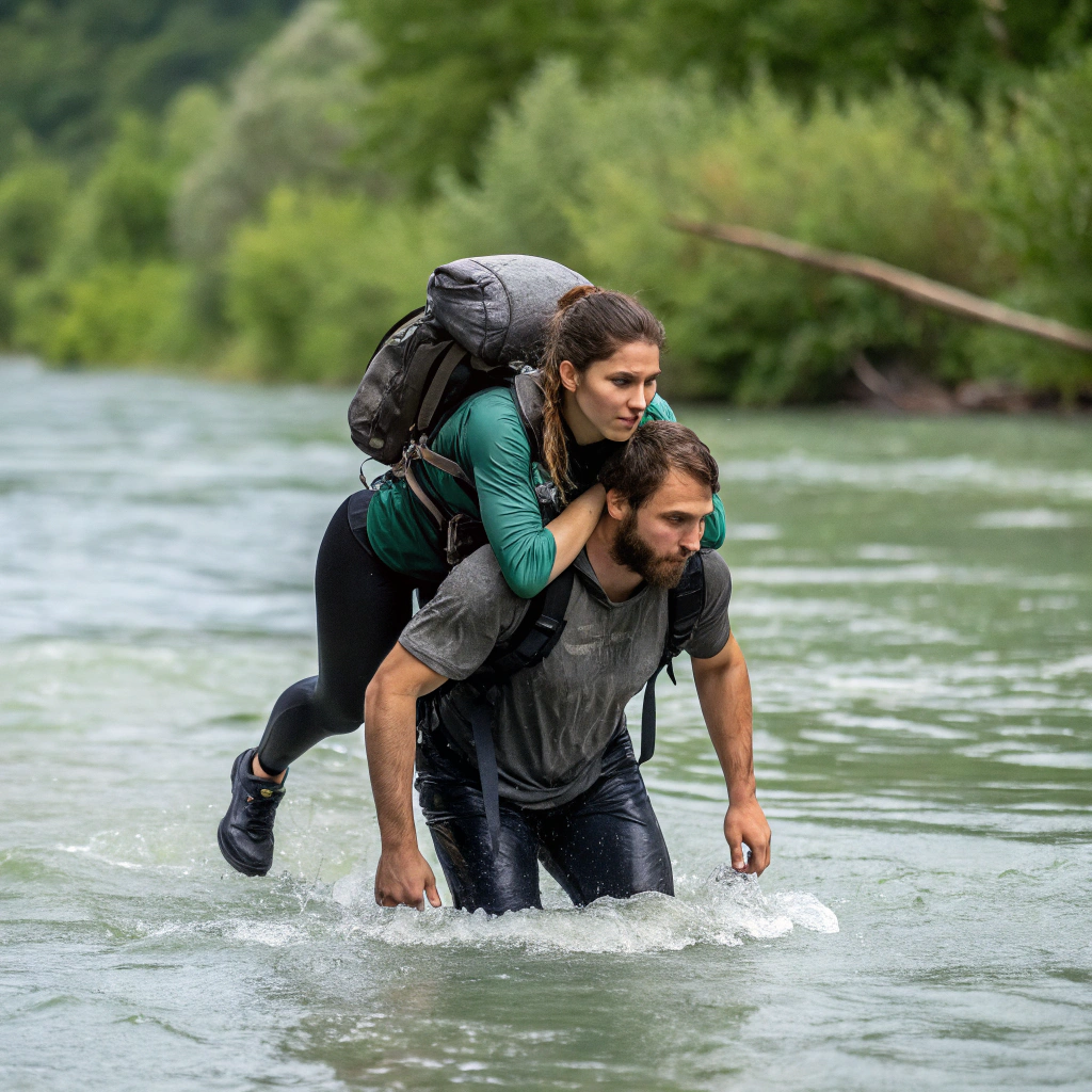 AI generated image by Red Panda AI: una mujer de 20 años  cargando a un hombre de 32 en su cadera para ayudarle a cruzar un rio
