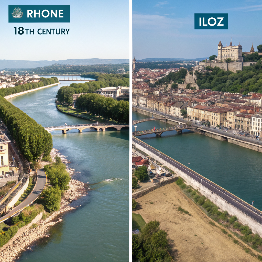 AI generated image by Red Panda AI: le rhone 18è vs le rhone maintenant sur la partie ILOZ en mettant en avant les aménagements du fleuve pour les usages 
