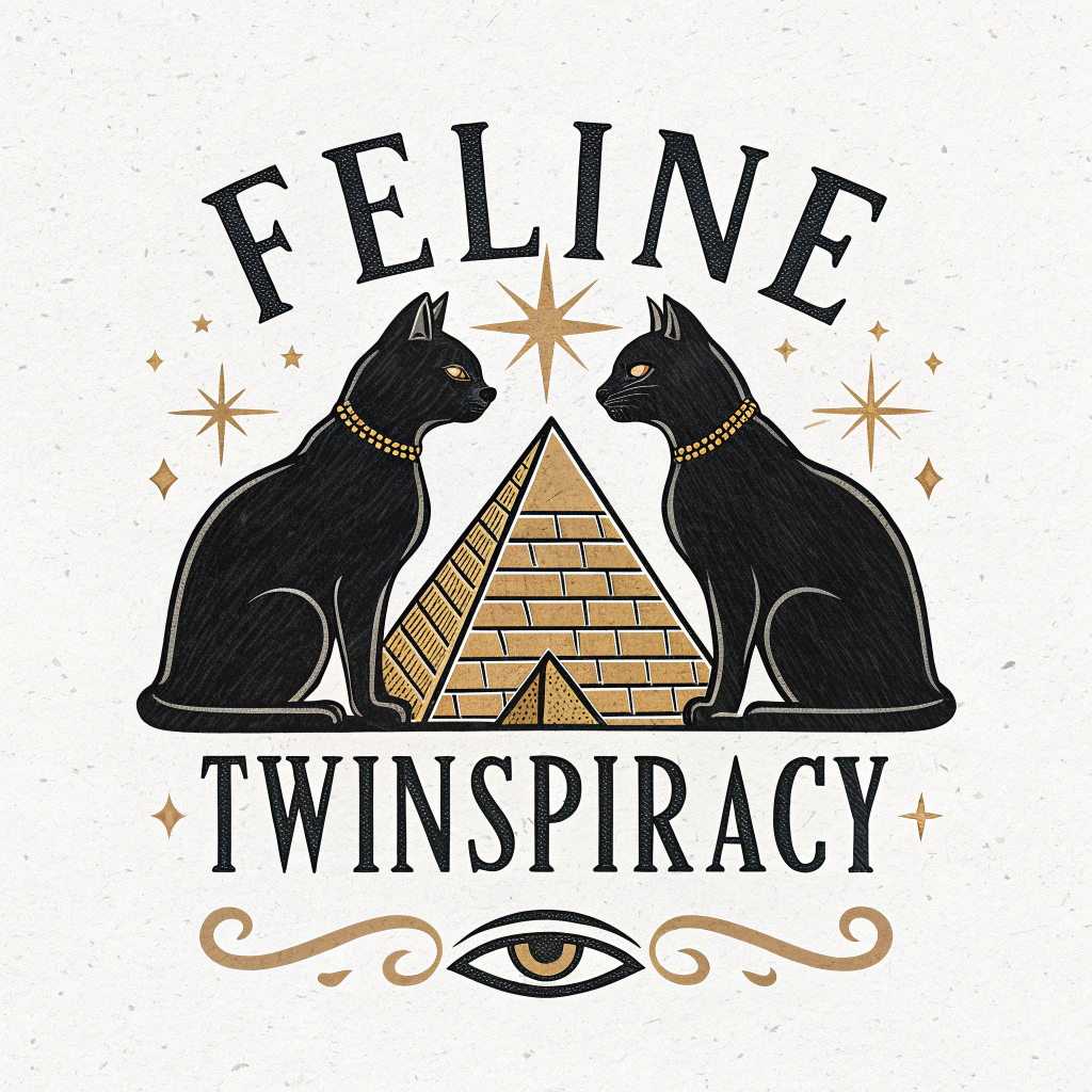 AI generated image by Red Panda AI: logo featuring words"Feline twinspiracy" with black cats, facing away from each other in profile, use an Egyptian them with Illuminati pyramid incorporated into shape of log