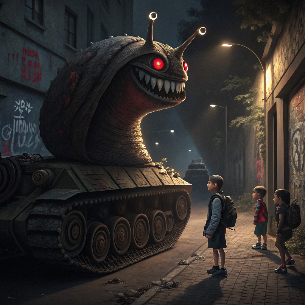 AI generated image by Red Panda AI: An evil anthropomorphic snail that is selling cheap model tanks to school children