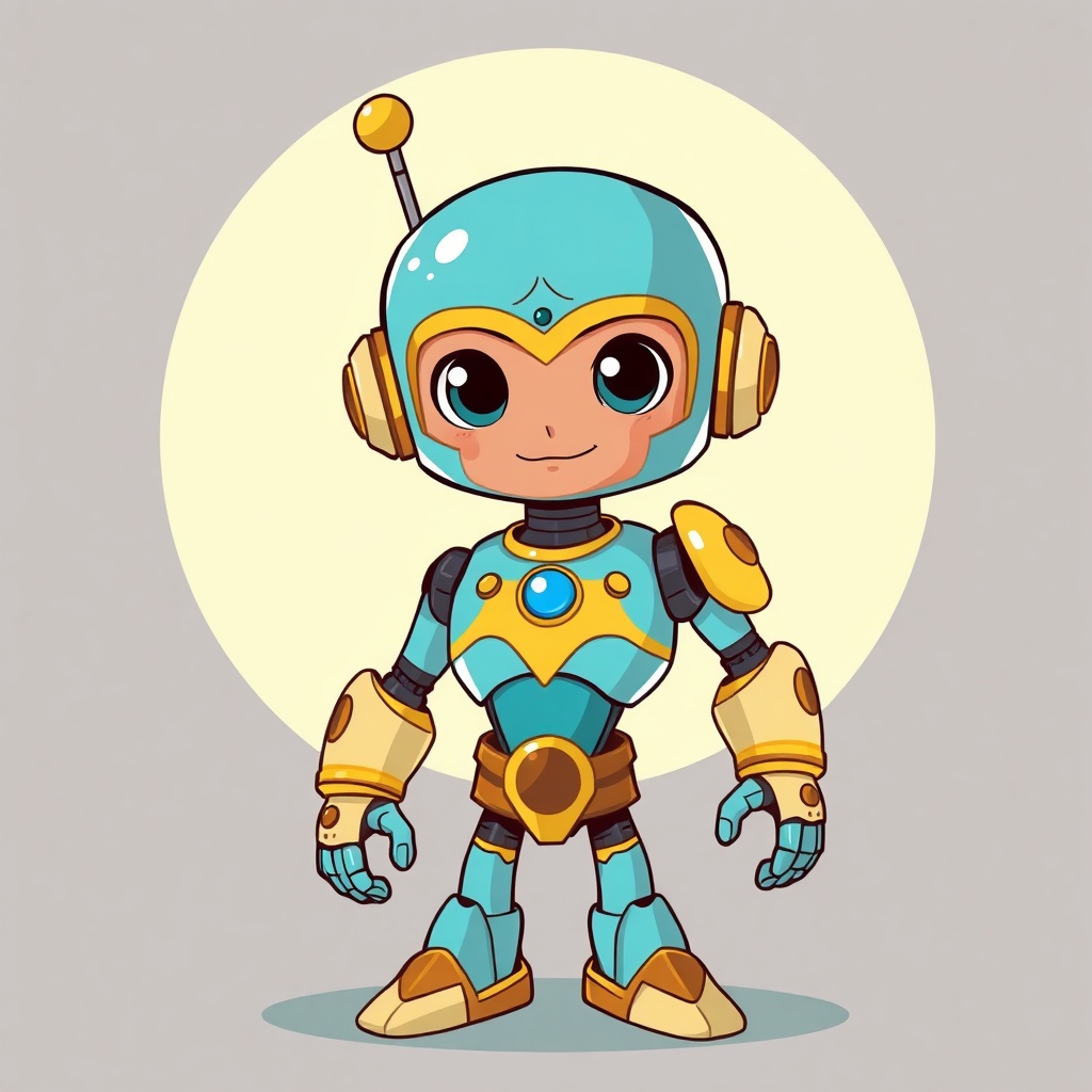 AI generated image by FLUX.1-schnell: Draw a cartoon character that looks part robot and part genie like the Alladin genie mixed with a robot.