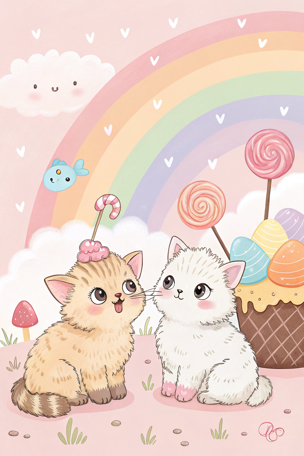 AI generated image by Red Panda AI: two fluffy kittens sitting next to each other, a pastel, by Christen Kobke, featured on pinterest, rococo, rainbow sheep like cotton candy, made of candy and lollypops
